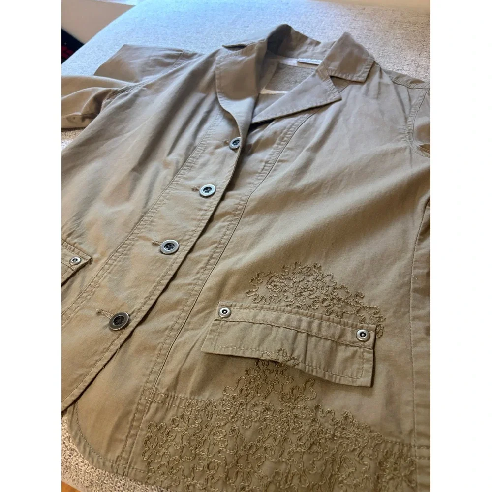 Chico's Embroidered Utility Jacket Beige Cotton Blazer Coat‎ Size 0 S